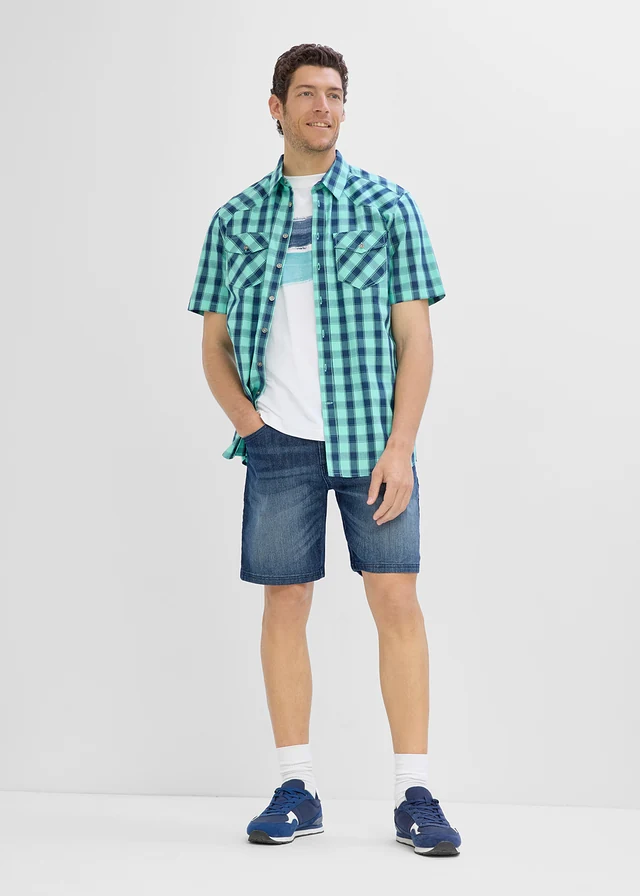 Short loose en jean léger à taille élastiquée, Couleur: bleu foncé denim