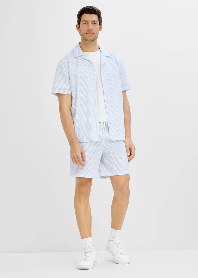 Pantaloni scurți cu elastic și șiret în talie, Loose Fit, culoare: albastru pudrat-alb cu dungi