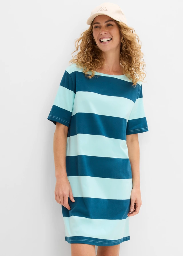 Robe boxy, 100% coton, Couleur: bleu aqua/pétrole rayé