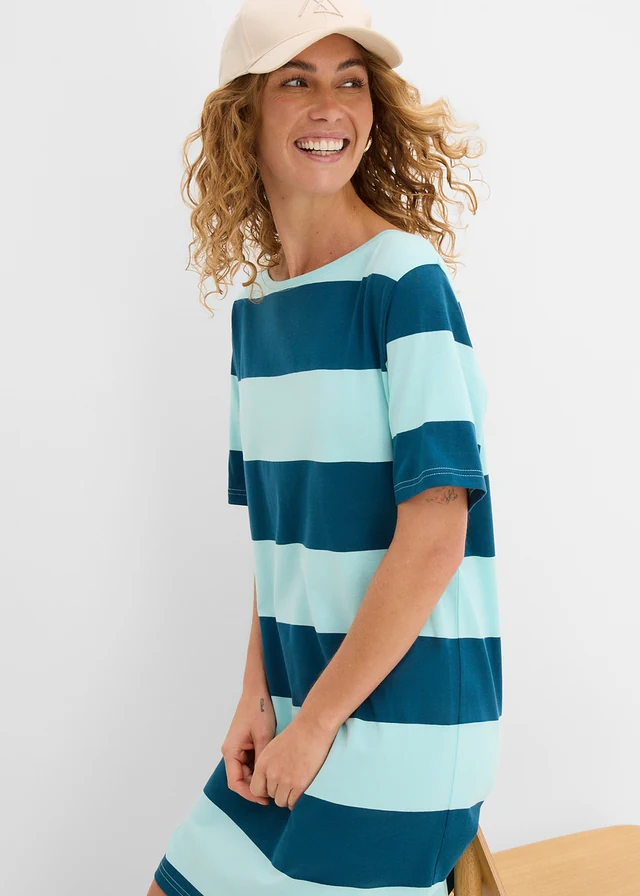 Rochie boxy din bumbac organic 100% • albastru acvamarin/albastru-petrol cu dungi • magazin bonprix