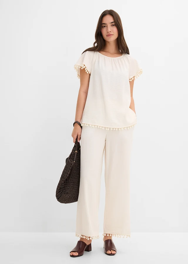 Pantalon fluide à taille élastiquée, Couleur: écru