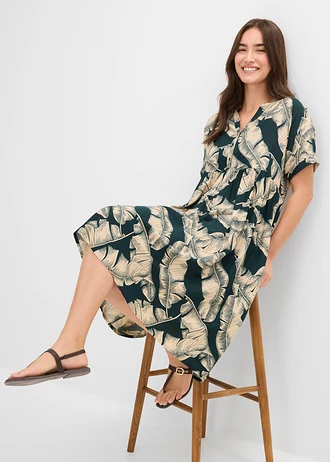 Robe caftan midi en viscose fluide • vert profond-sable clair imprimé • Boutique bonprix