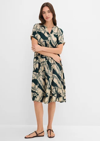 Robe caftan midi en viscose fluide • vert profond-sable clair imprimé • Boutique bonprix