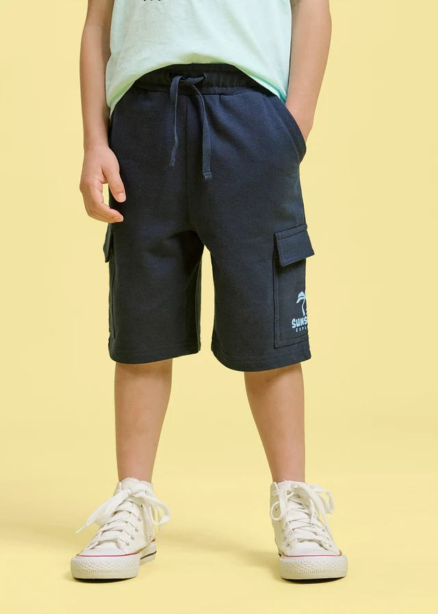 Bermuda sweat poches cargo 100% coton, Couleur: bleu foncé