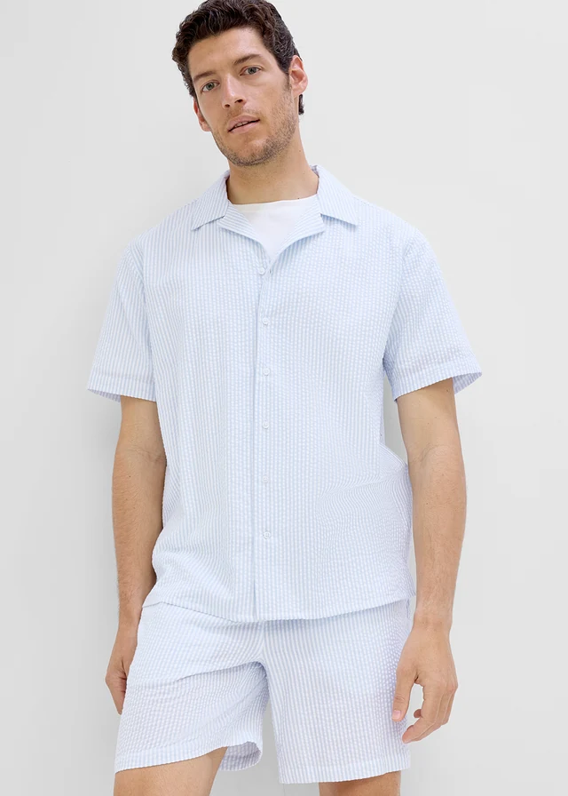 Chemise manches courtes en seersucker, loose • bleu poudré-blanc rayé • product-page.page-title-suffix