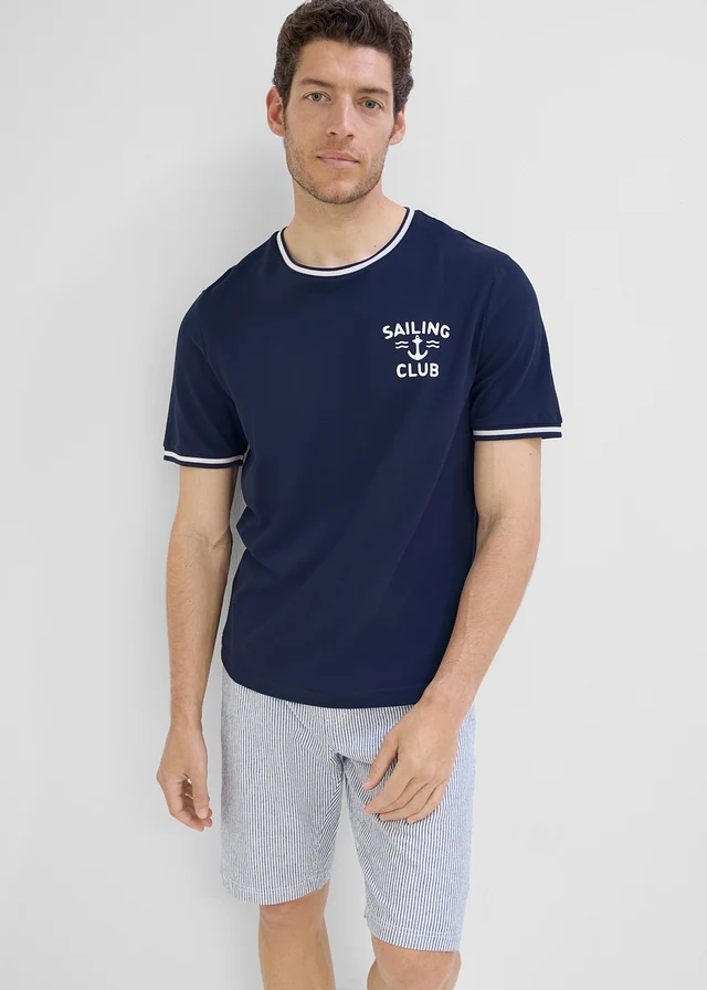 T-shirt 100% coton piqué, Couleur: bleu foncé/blanc imprimé