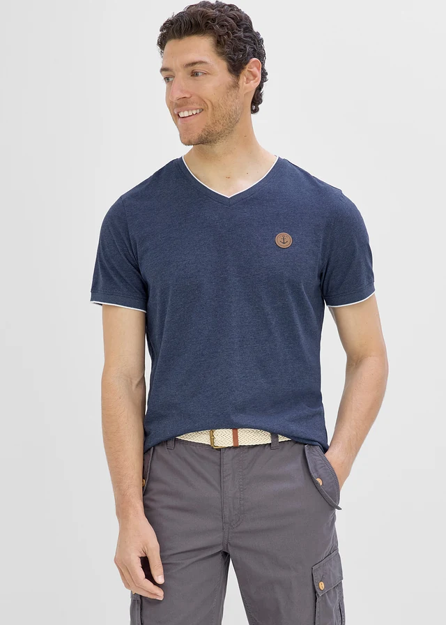 T-shirt in layerlook met V-hals, Kleur: donkerblauw