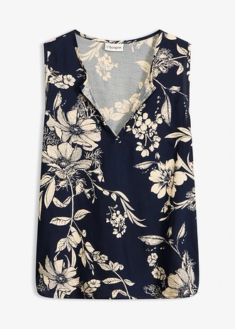 Blouse sans manches en viscose, Couleur: bleu foncé/beige galet floral