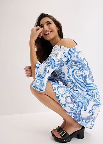 Wijd uitlopende carmen jurk • blauw paisley • bonprix online shop