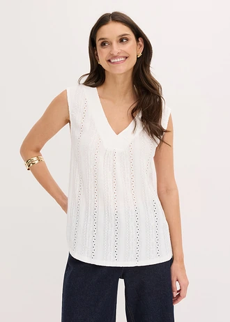 Top met broderie anglaise, Kleur: wit