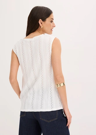Top met broderie anglaise, Kleur: wit