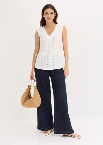 Top met broderie anglaise, Kleur: wit