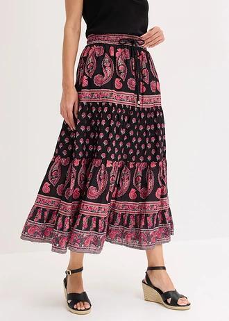 Jupe longue 100% coton, Couleur: noir imprimé