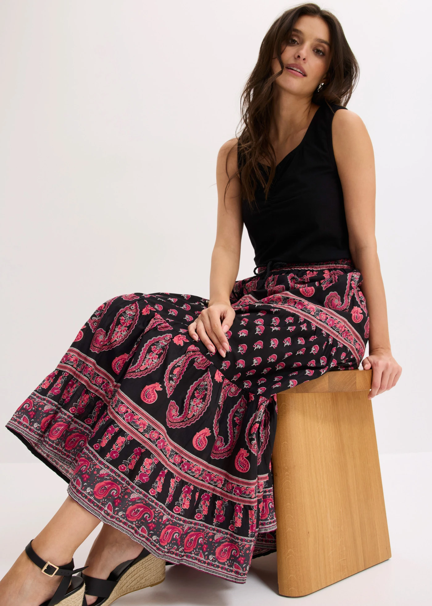 Fustă maxi din bumbac 100% • negru cu imprimeu • magazin bonprix