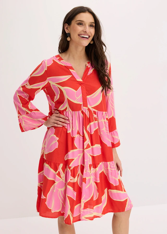 Robe-tunique en viscose fluide • rouge signal-rose flamant floral • product-page.page-title-suffix