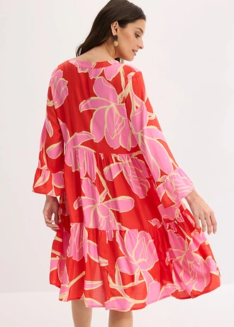 Robe-tunique en viscose fluide, Couleur: rouge signal-rose flamant floral