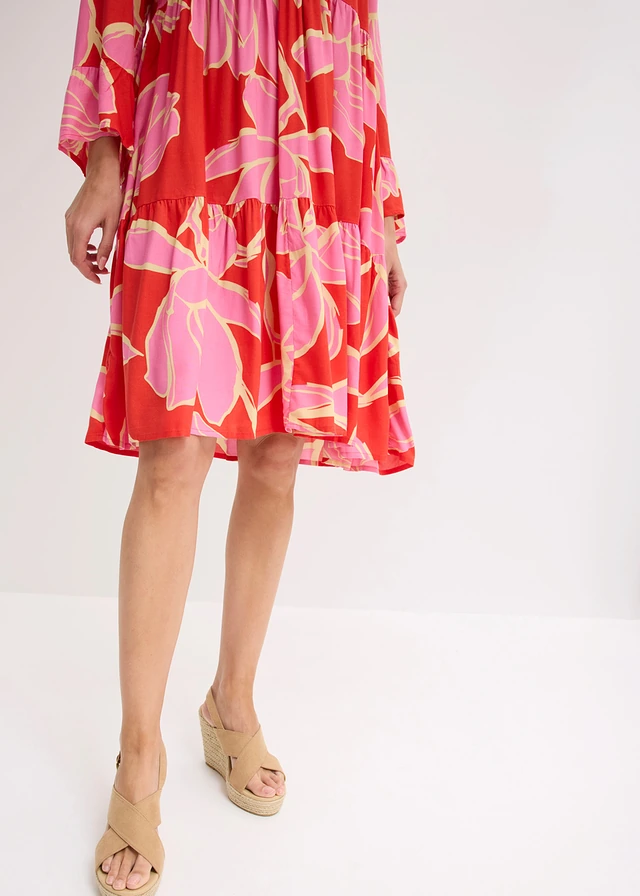 Robe-tunique en viscose fluide • rouge signal-rose flamant floral • product-page.page-title-suffix