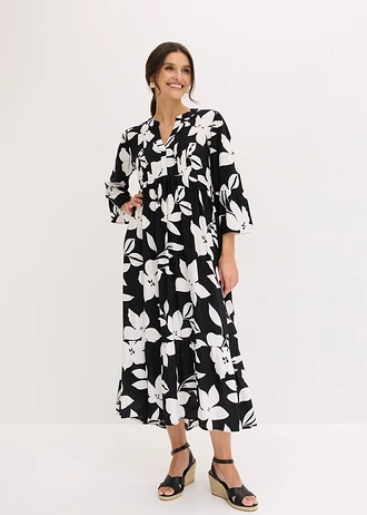 Maxi jurk van soepele viscose, Kleur: zwart-wit gebloemd