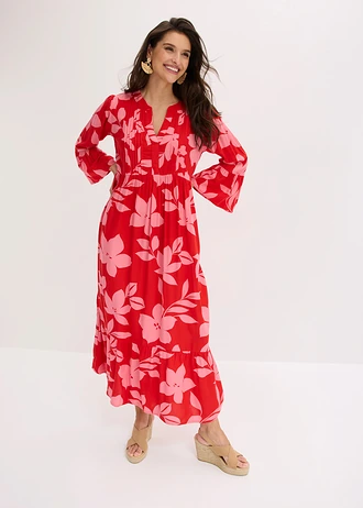 Maxi jurk van soepele viscose, Kleur: aardbeirood-lotuspink gebloemd