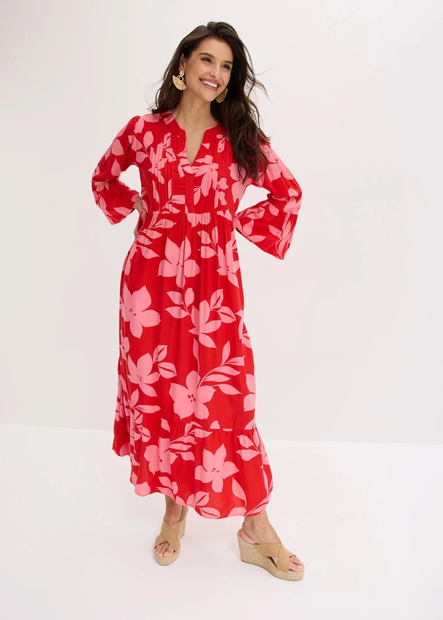 Maxi jurk van soepele viscose • aardbeirood-lotuspink gebloemd • product-page.page-title-suffix