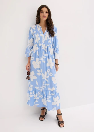 Robe longue en viscose fluide, Couleur: bleu moyen/blanc floral
