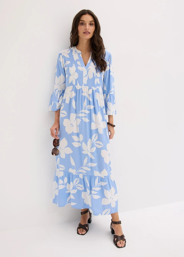 Rochie maxi din viscoză fluidă, culoare: albastru mediu/alb cu flori