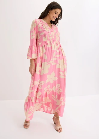 Robe longue en viscose fluide, Couleur: rose vif-sable clair floral