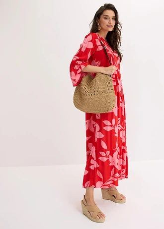 Maxi jurk van soepele viscose, Kleur: aardbeirood-lotuspink gebloemd