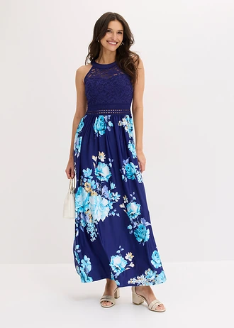 Robe longue à imprimé floral et dentelle • bleu foncé-violet-rose floral • Boutique bonprix
