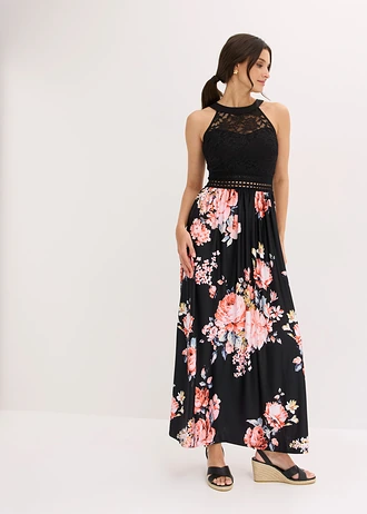 Rochie maxi cu imprimeu cu flori și dantelă • negru-roz pal înflorat • magazin bonprix