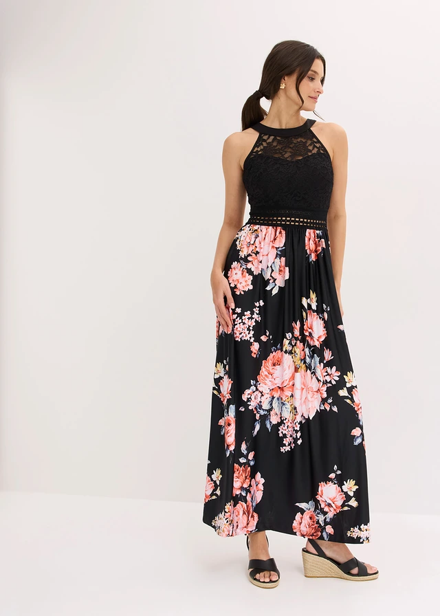 Robe longue à imprimé floral et dentelle