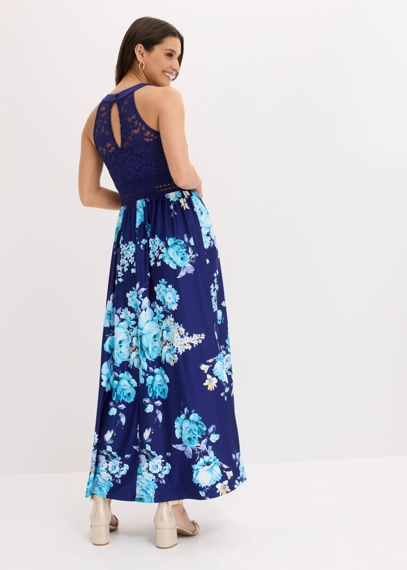 Robe longue à imprimé floral et dentelle • bleu foncé-violet-rose floral • Boutique bonprix