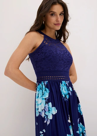 Rochie maxi cu imprimeu cu flori și dantelă • bleumarin / lila / roz pal înflorat • magazin bonprix