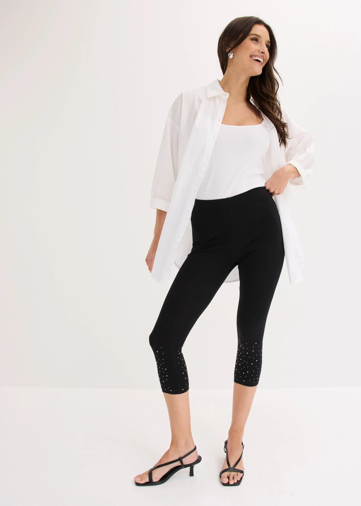 Legging 3/4 en coton extensible • noir-argenté • Boutique bonprix