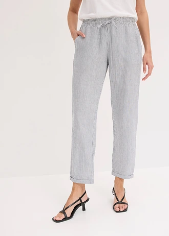 Pantalon en lin mélangé, taille élastiquée • bleu/blanc rayé • Boutique bonprix