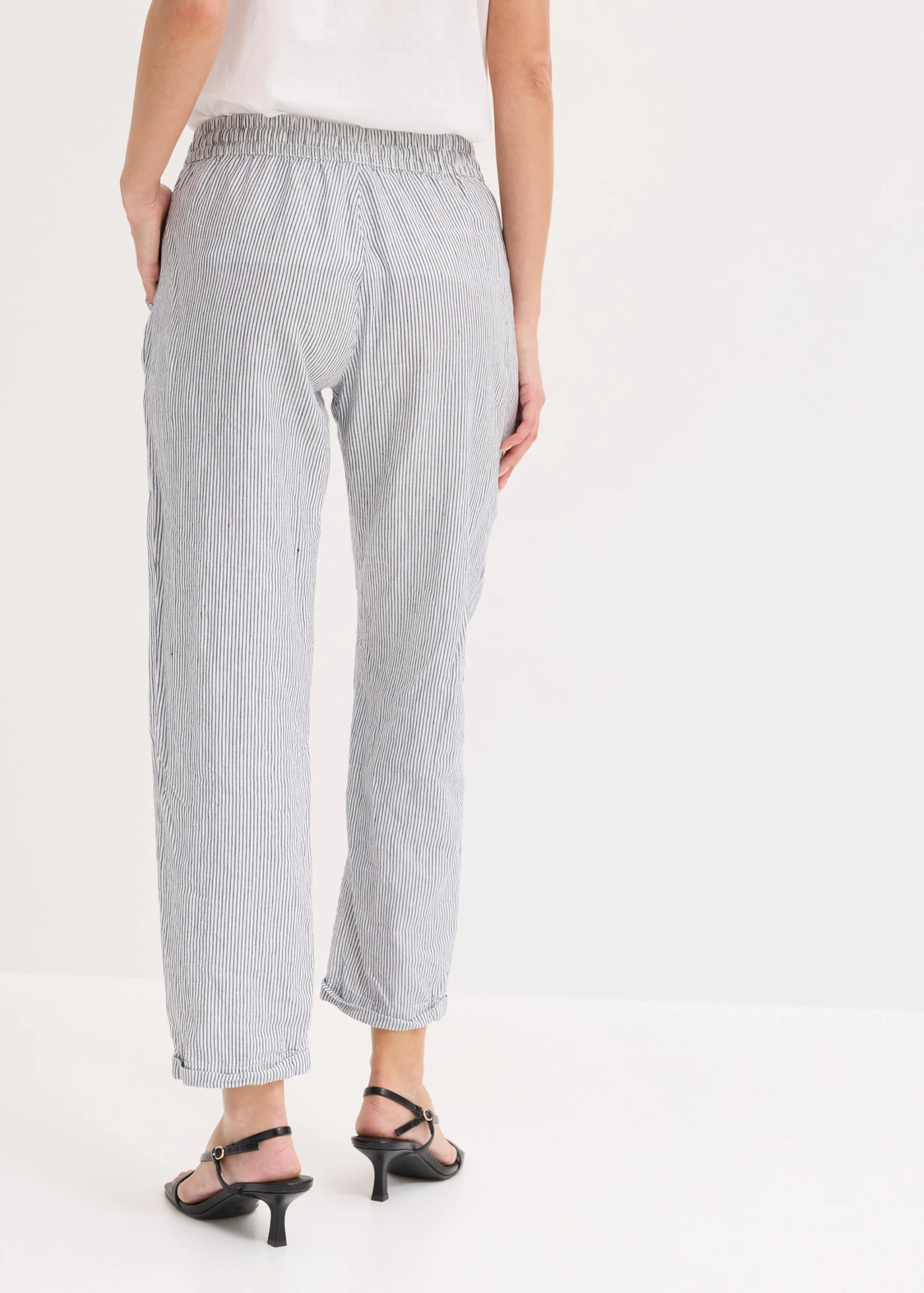 Linnen broek met elastische band • blauw-wit gestreept • bonprix online shop