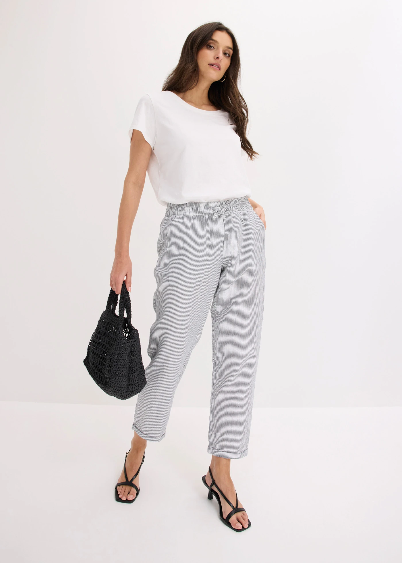 Linnen broek met elastische band • blauw-wit gestreept • bonprix online shop