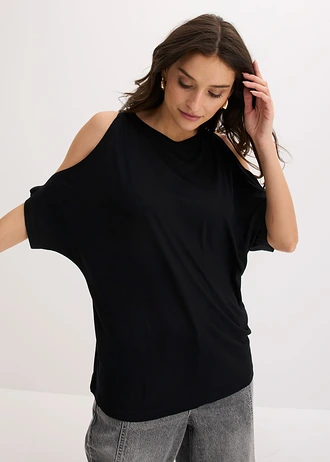 Cold shoulder shirt van viscose, Kleur: zwart