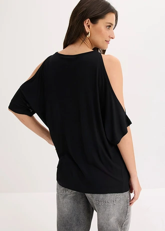 Cold shoulder shirt van viscose, Kleur: zwart