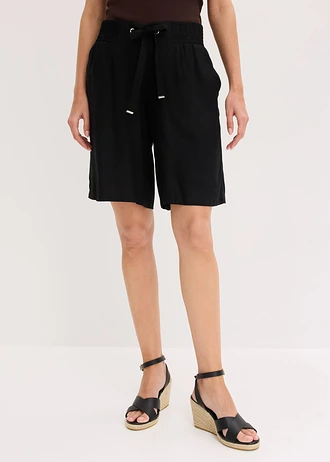 Bermuda van viscose met strikceintuur, Kleur: zwart