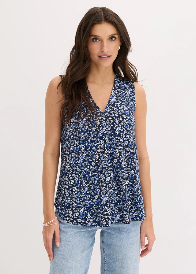 Top van viscose-mix, Kleur: blauw gebloemd