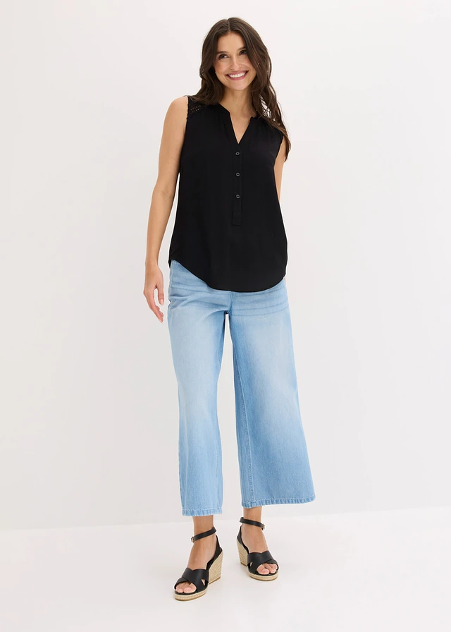 Blousetop van pure viscose, Kleur: zwart