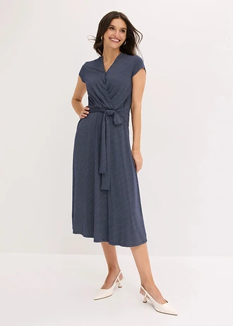 Midi jurk in een viscosemix, Kleur: donkerblauw-wit gestippeld