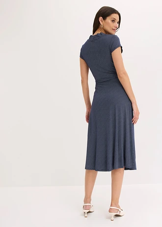 Midi jurk in een viscosemix, Kleur: donkerblauw-wit gestippeld