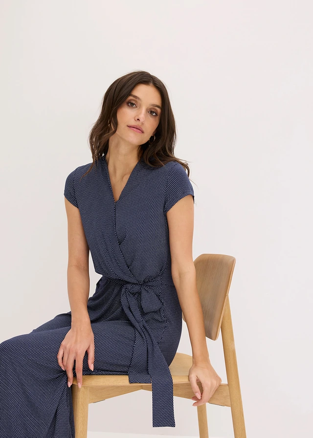 Robe midi en viscose extensible • bleu foncé pois blanc • product-page.page-title-suffix