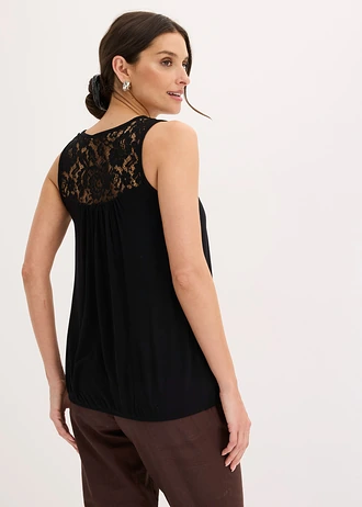 Top en viscose extensible et dentelle, Couleur: noir