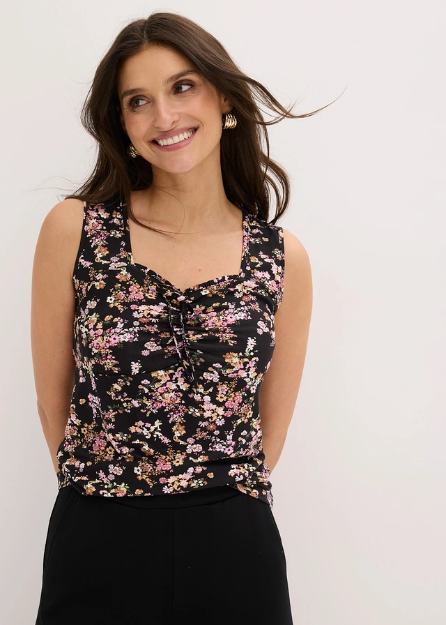 Top in een viscosemix, Kleur: zwart gebloemd
