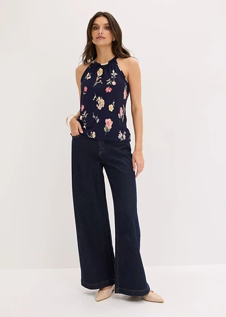 Gedessineerde top  met viscose, Kleur: blauw gebloemd