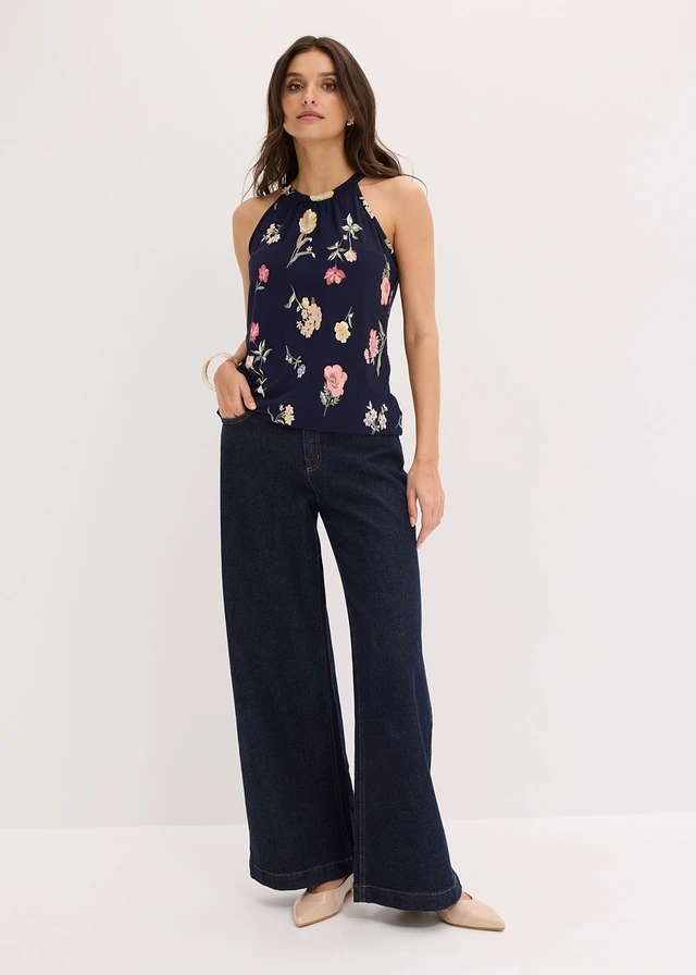 Gedessineerde top  met viscose, Kleur: blauw gebloemd