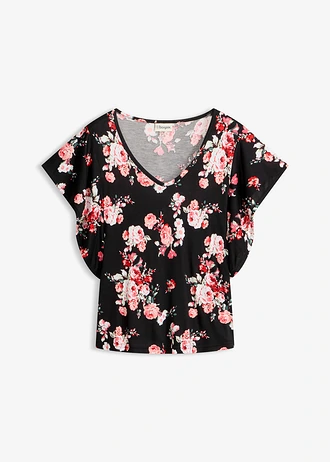 Shirt van viscose, Kleur: zwart-roze gebloemd